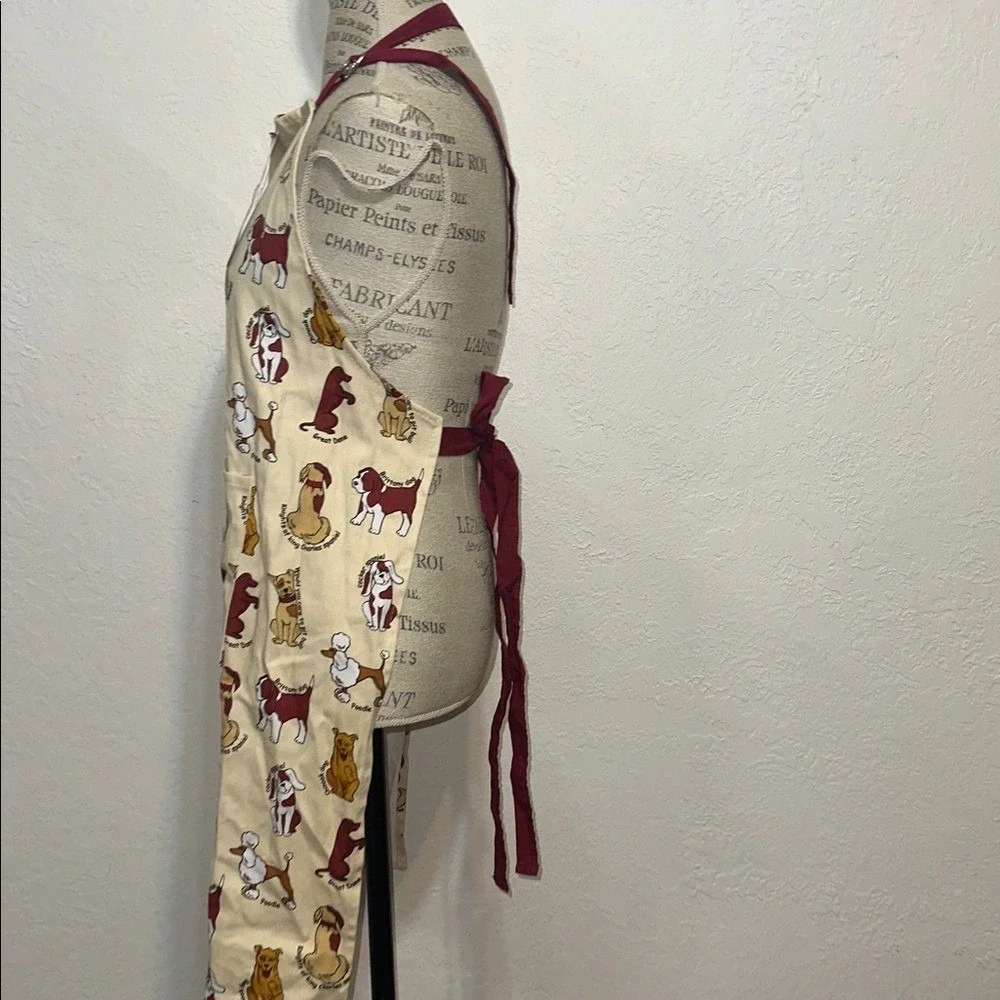 Chef Central Canines Full Apron Cotton Dog Breed Print Cream Burgundy New